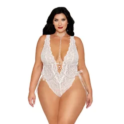 Clearance LoversStores Bridal Lace Teddy with Removable Pearl Harness White