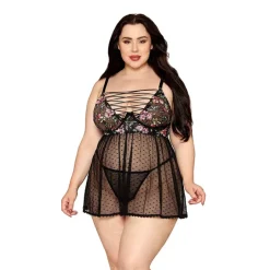 Clearance LoversStores Crisscross Embroidered Babydoll & G-String Black