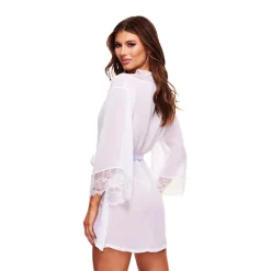Discount LoversStores Sheer Chiffon & Lace Robe White