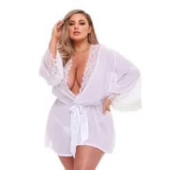 Discount LoversStores Sheer Chiffon & Lace Robe White